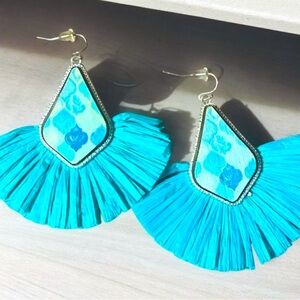 Raffia Teardrop Fan Earrings, teal 3 inches